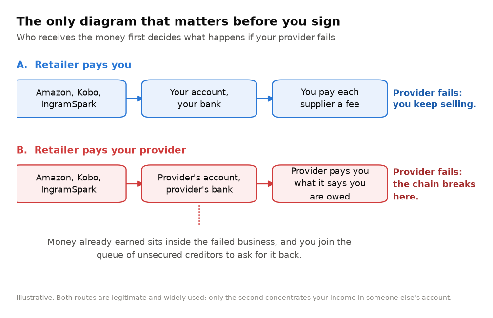 Two routes for royalty payments: retailer pays the author directly, or retailer pays an intermediary who then pays the author